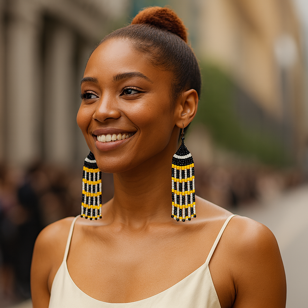 Deborah Beaded Fringe Earrings – Black, Yellow & White