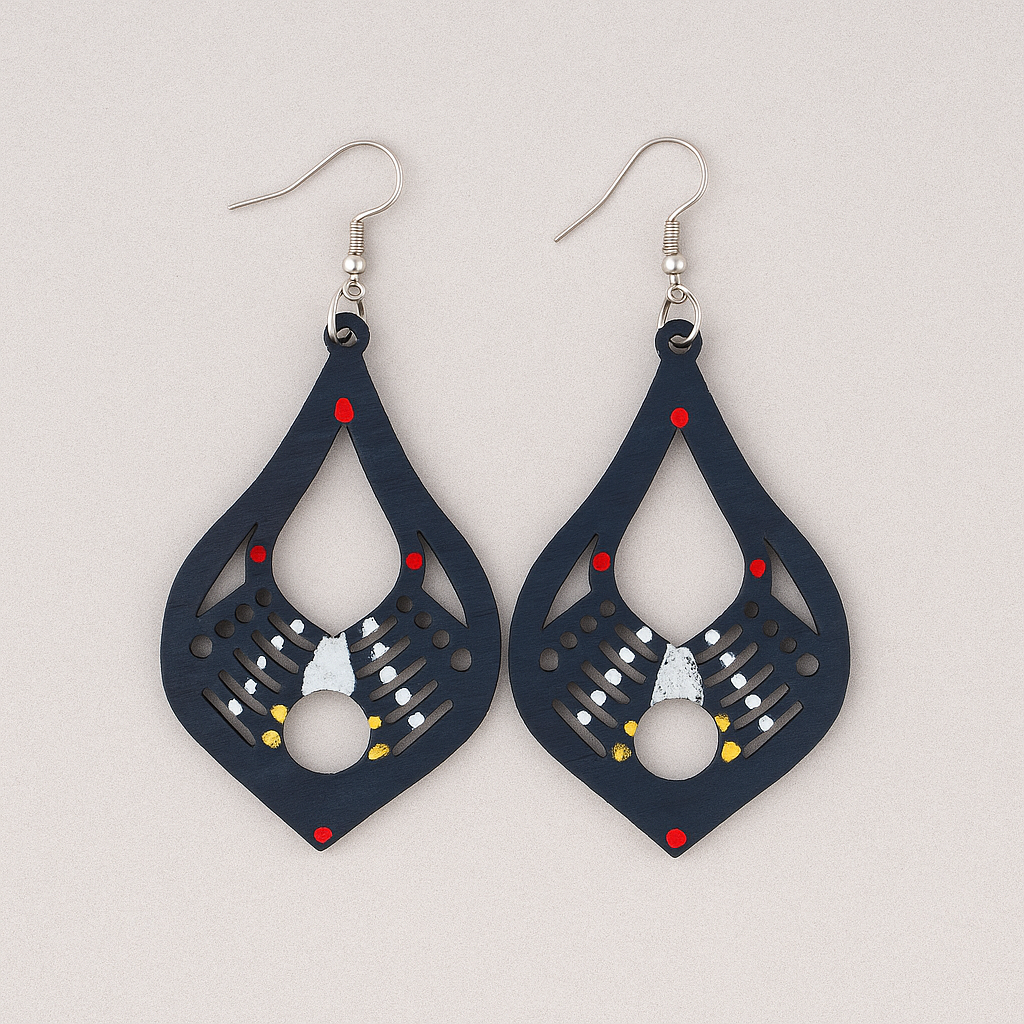 Nida Hand-Painted Wood Dangle Earrings – Navy Blue