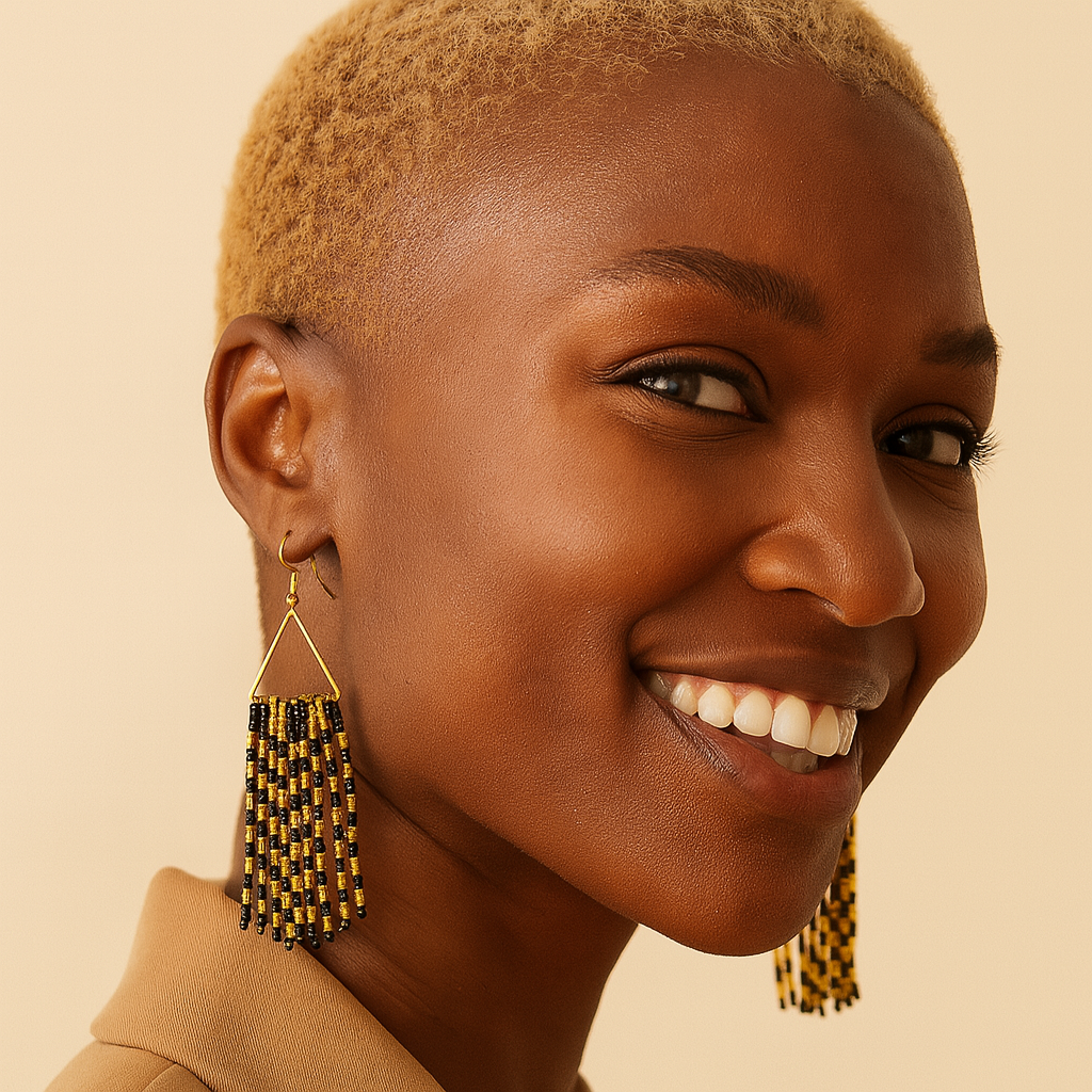 Grace Beaded Fringe Earrings – Black & Gold