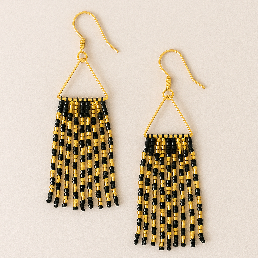 Grace Beaded Fringe Earrings – Black & Gold