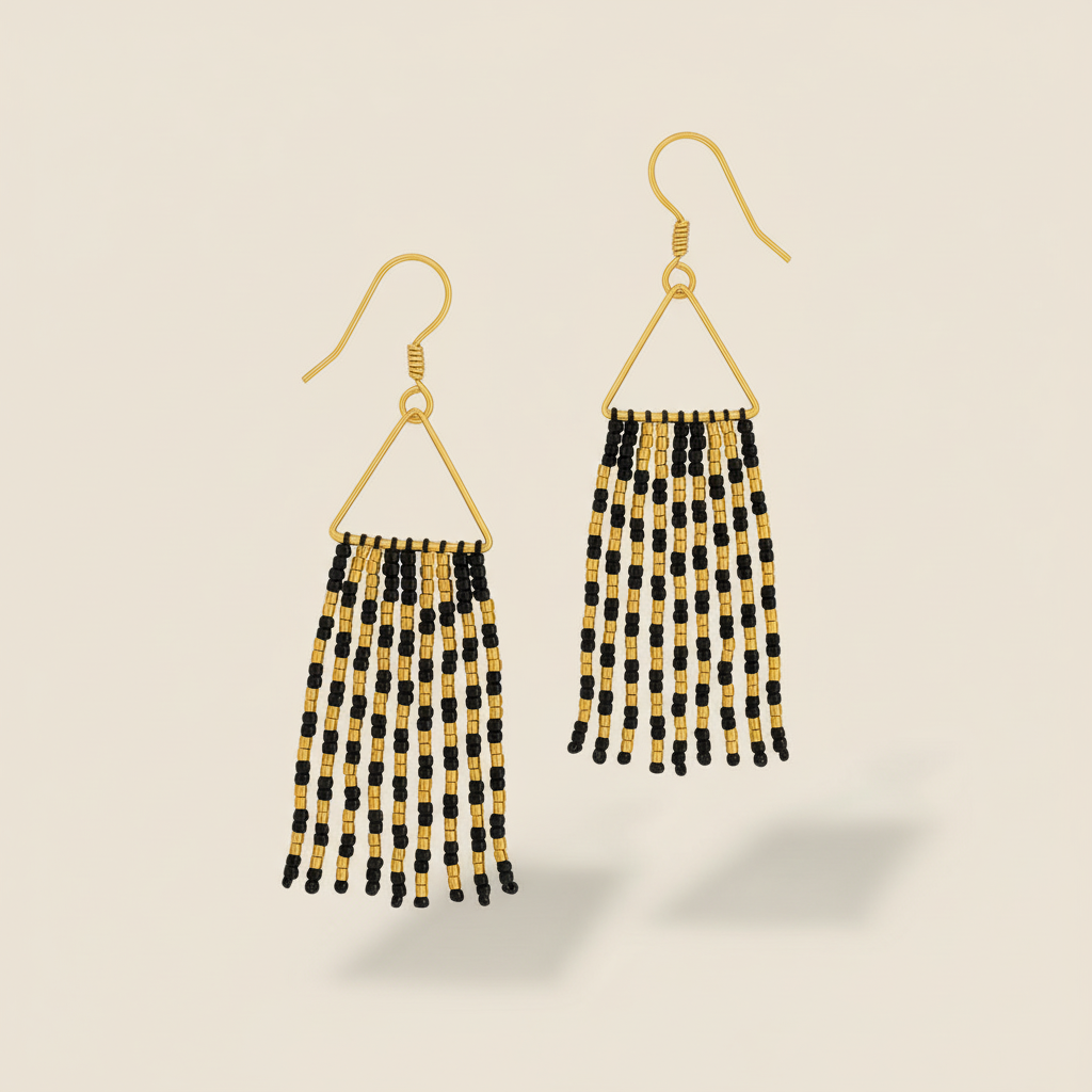 Grace Beaded Fringe Earrings – Black & Gold