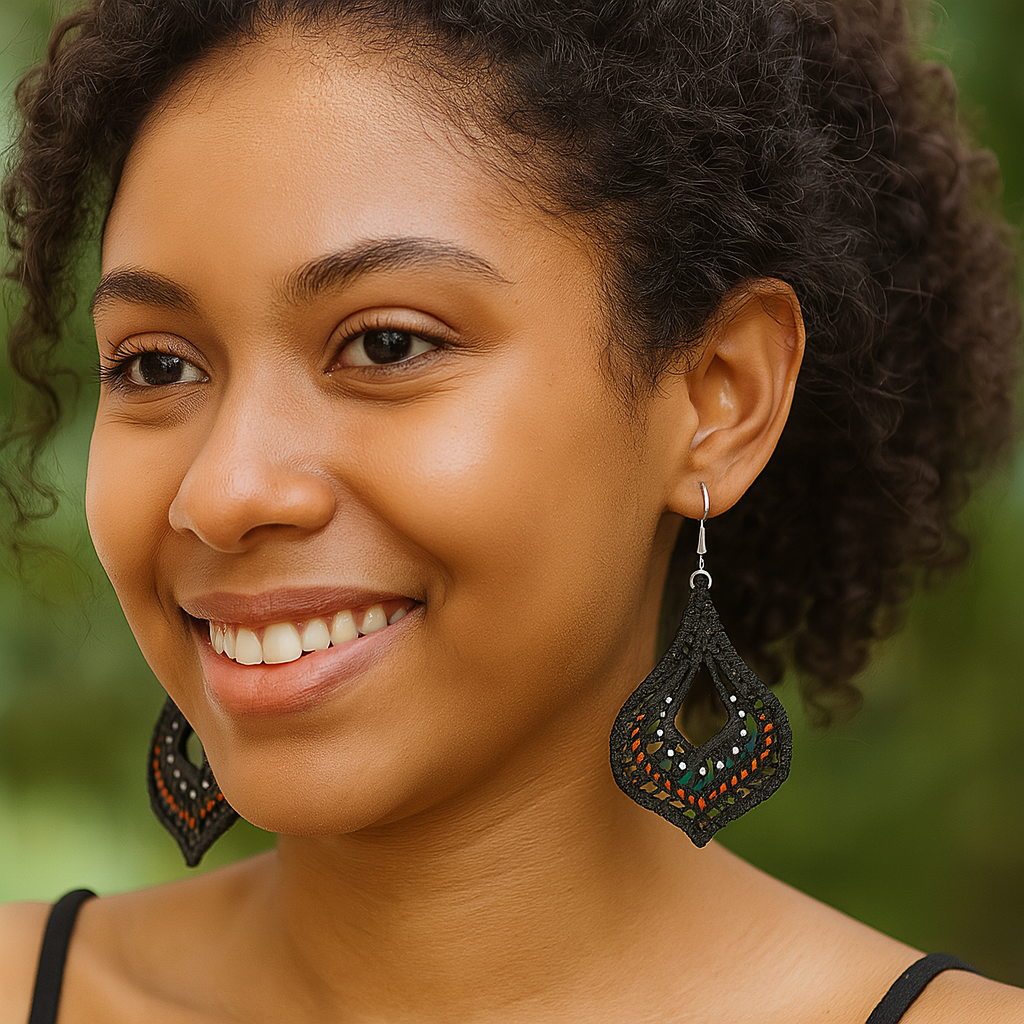 Nida Hand-Painted Wood Dangle Earrings – Black & Orange