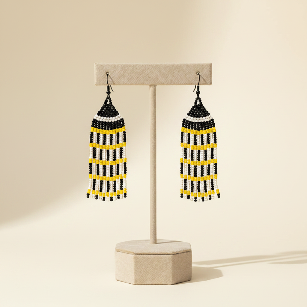 Deborah Beaded Fringe Earrings – Black, Yellow & White