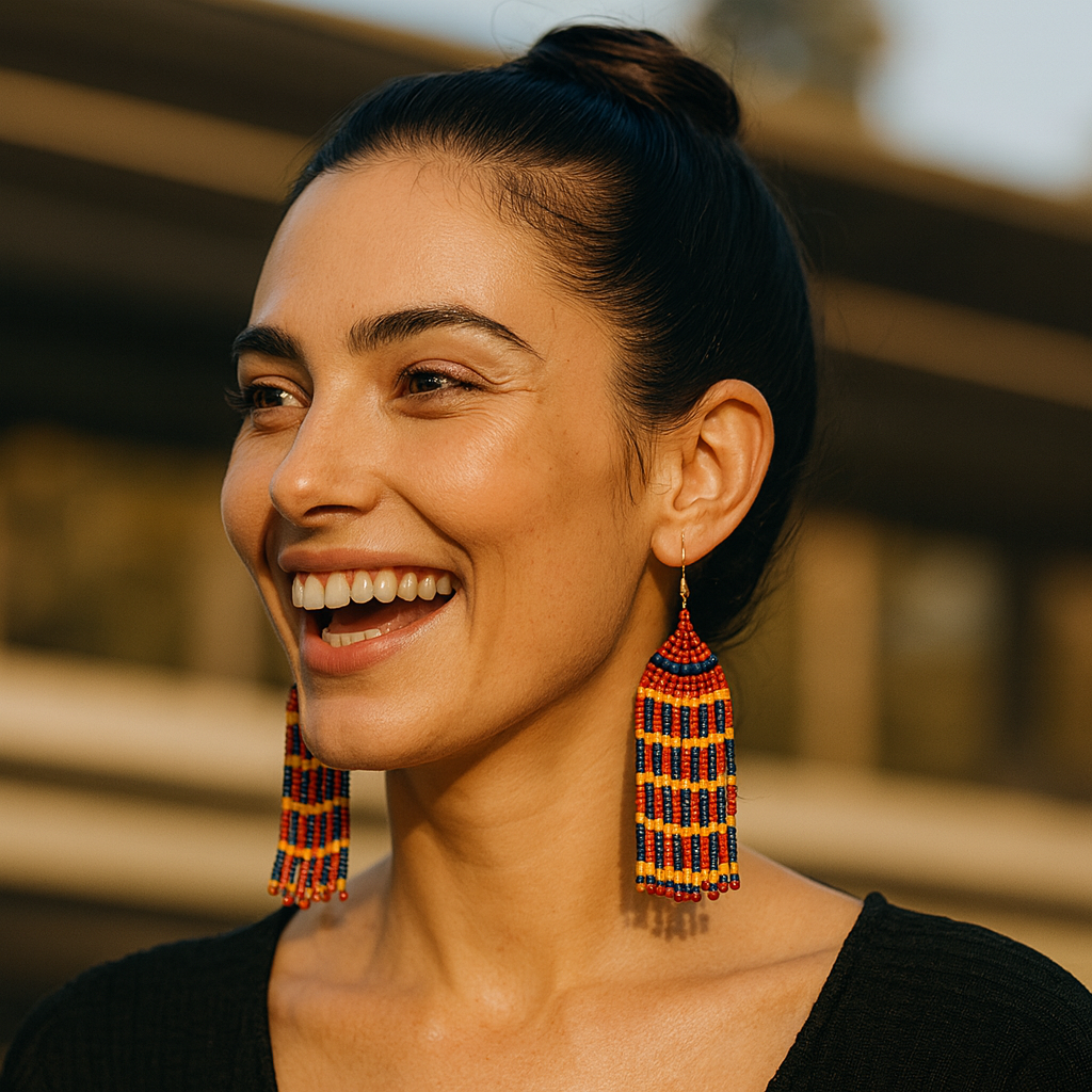 Deborah Beaded Fringe Earrings – Orange, Navy & Yellow