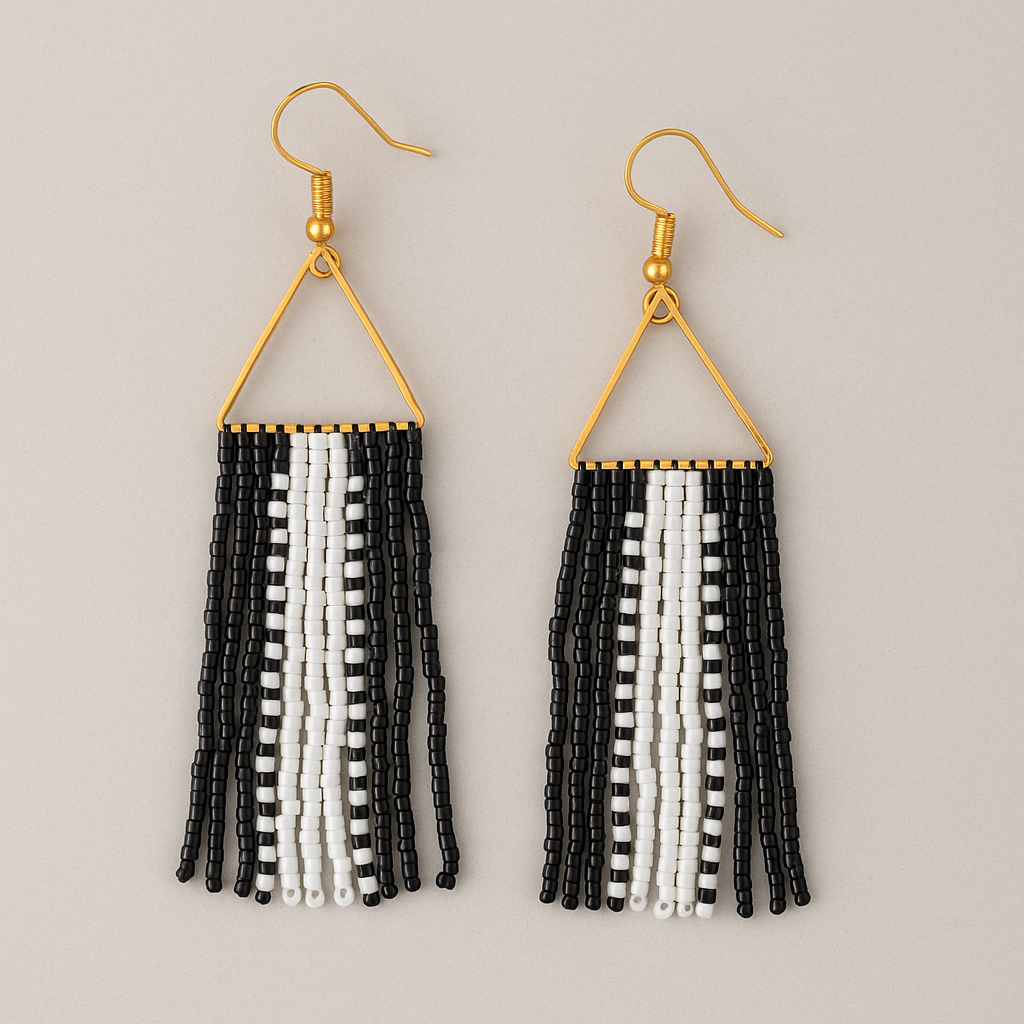 Cascade Beaded Fringe Earrings – Black & White