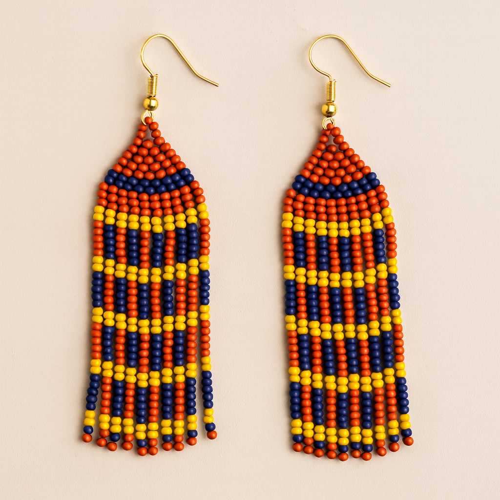 Deborah Beaded Fringe Earrings – Orange, Navy & Yellow