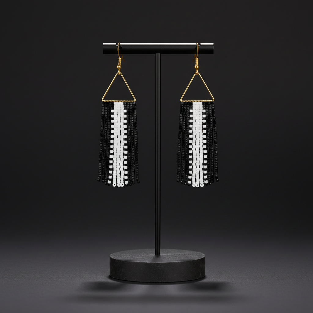 Cascade Beaded Fringe Earrings – Black & White