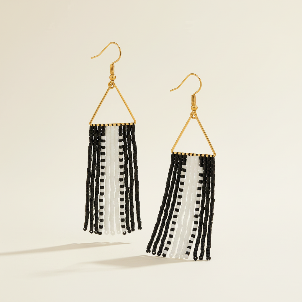 Cascade Beaded Fringe Earrings – Black & White