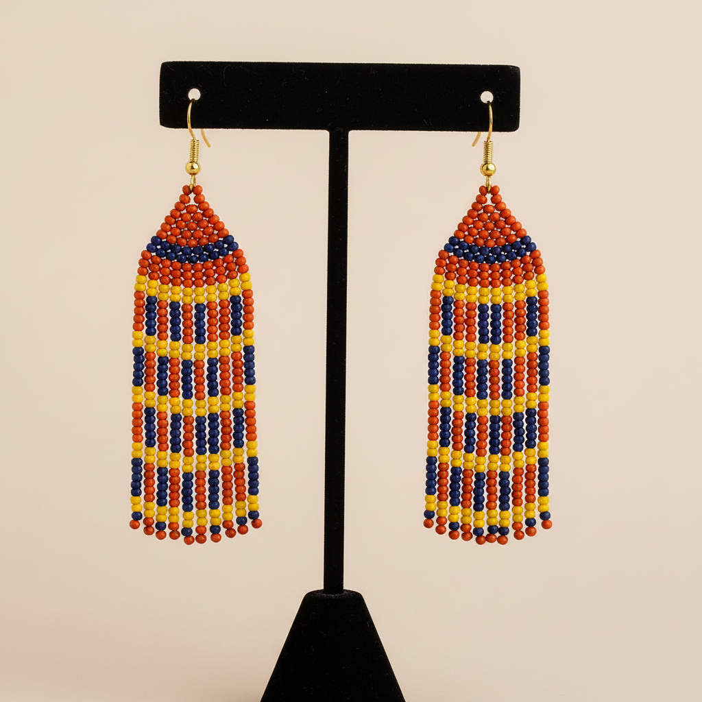 Deborah Beaded Fringe Earrings – Orange, Navy & Yellow