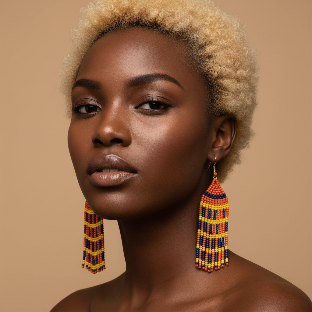 Deborah Beaded Fringe Earrings – Orange, Navy & Yellow