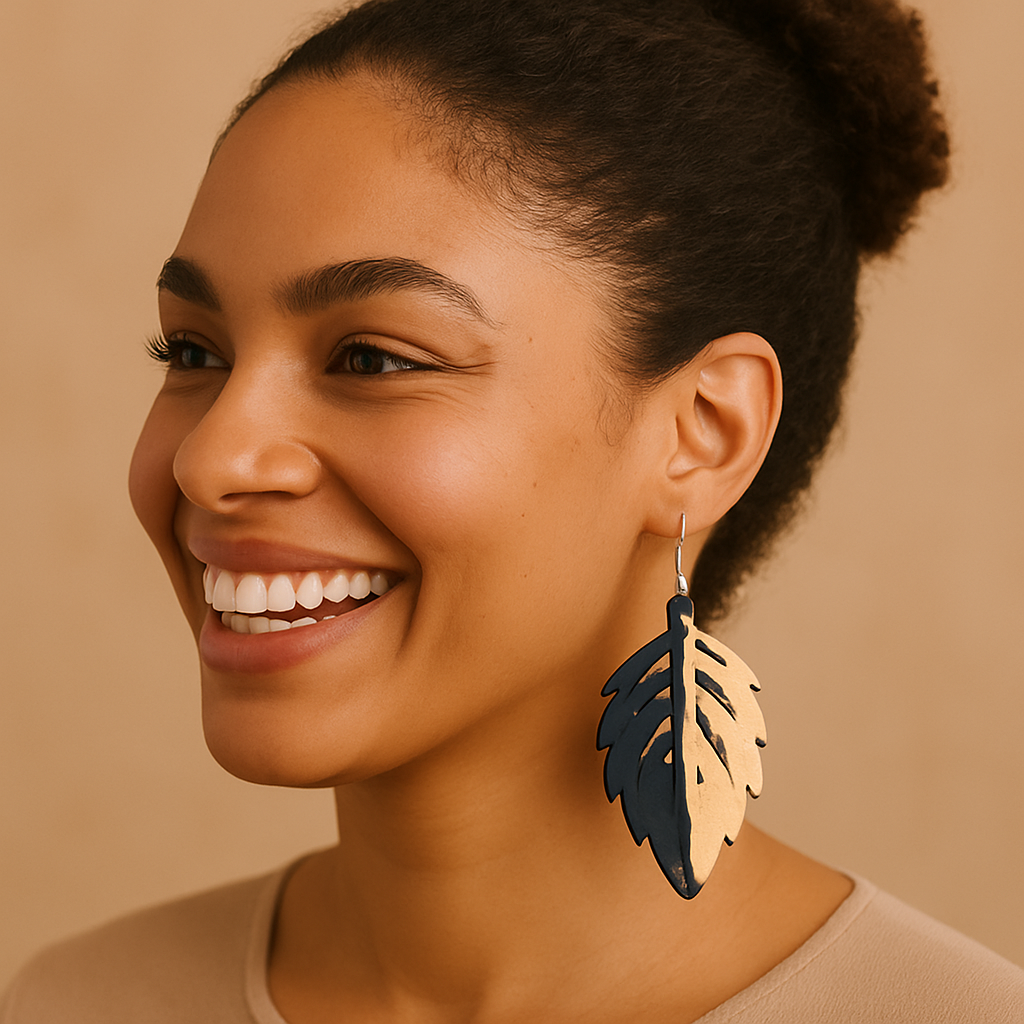 Zuri Hand Painted Wood Earrings - Navy Blue & White