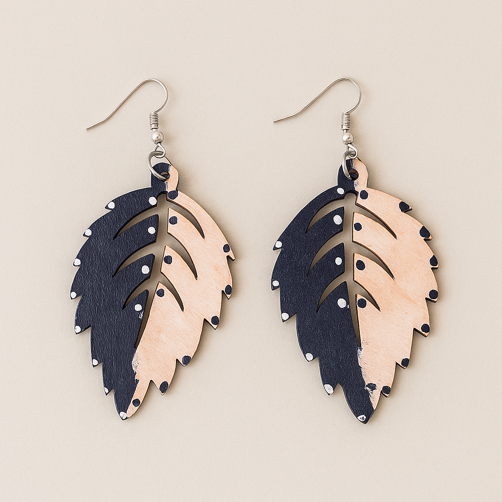 Zuri Hand Painted Wood Earrings - Navy Blue & White