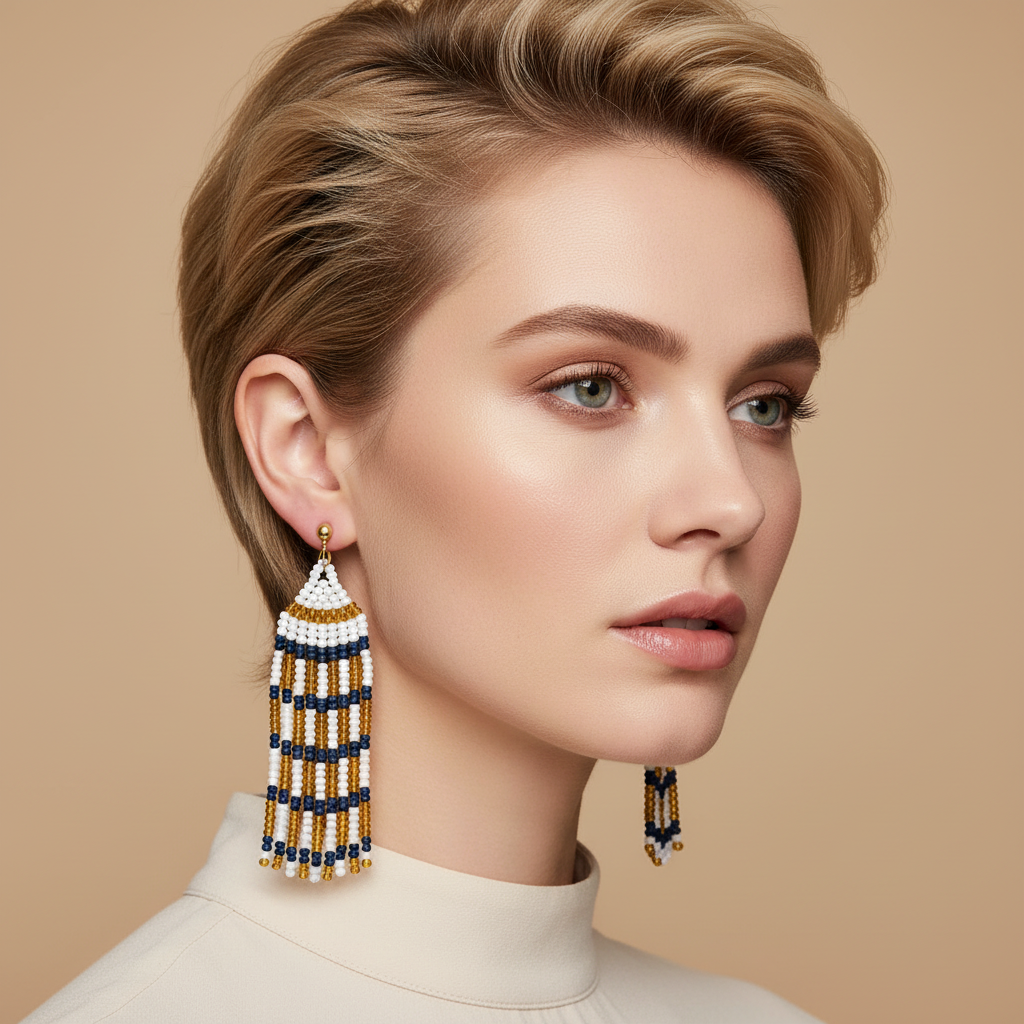 Deborah Beaded Fringe Earrings – White, Gold & Navy Blue