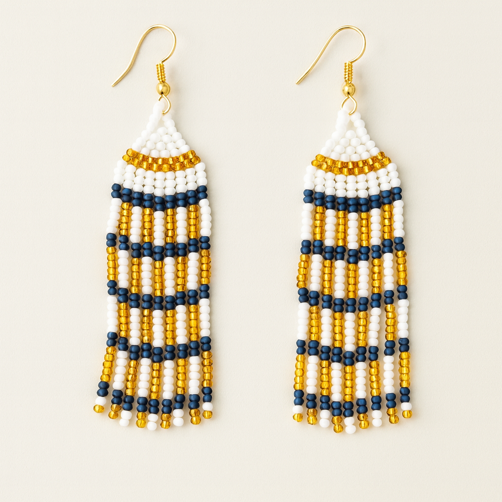 Deborah Beaded Fringe Earrings – White, Gold & Navy Blue
