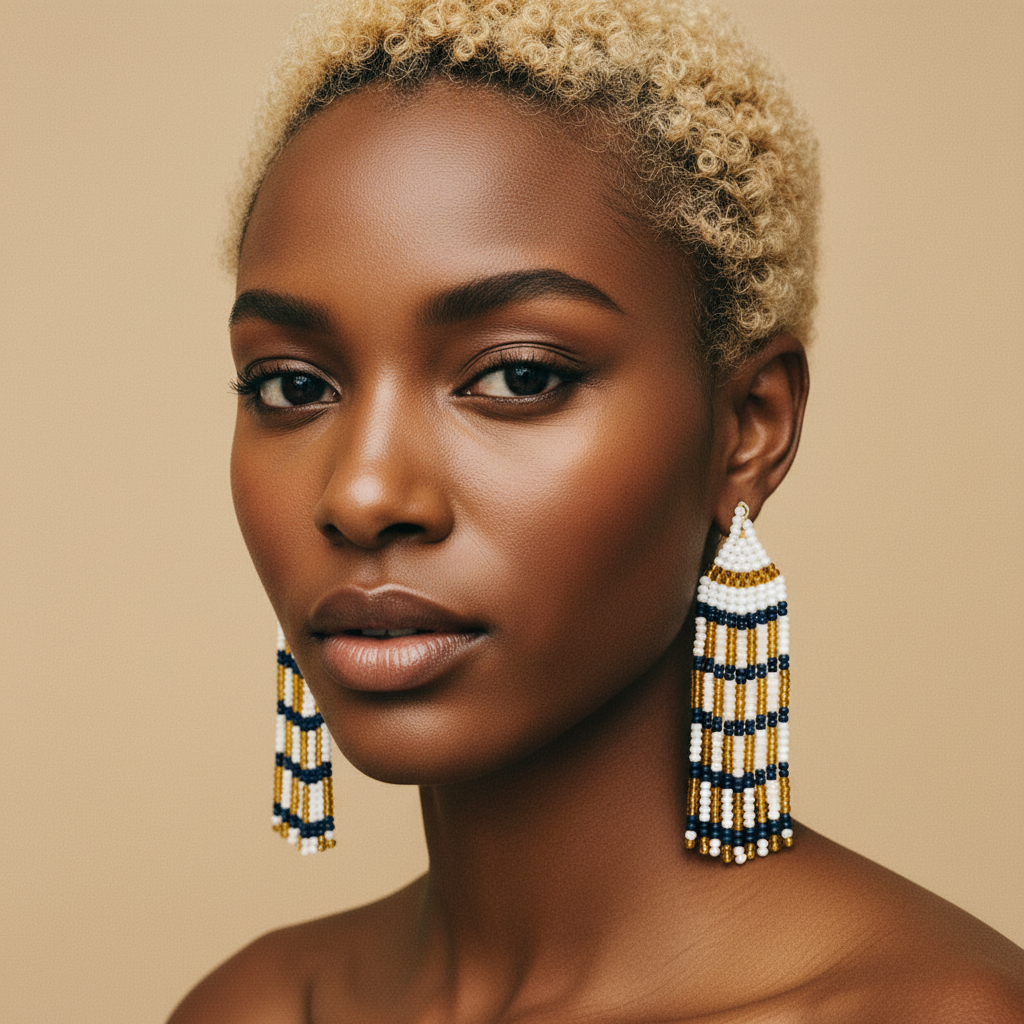 Deborah Beaded Fringe Earrings – White, Gold & Navy Blue