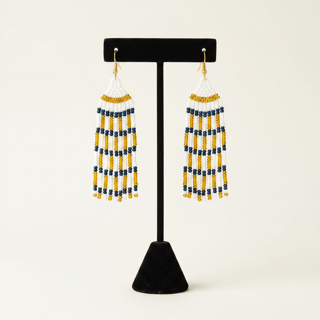 Deborah Beaded Fringe Earrings – White, Gold & Navy Blue