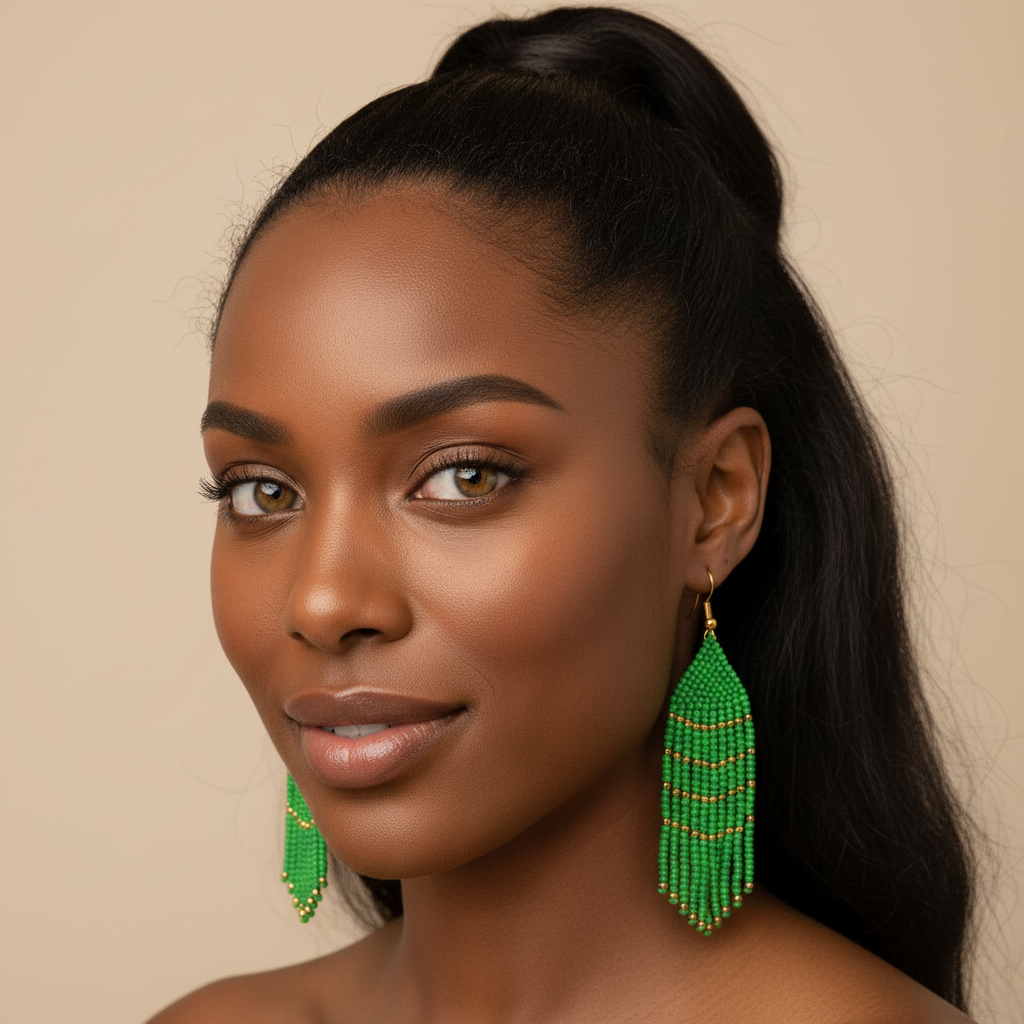 Keen Beaded Fringe Earrings – Green & Gold