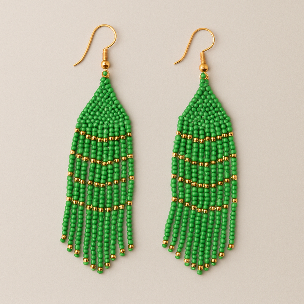 Keen Beaded Fringe Earrings – Green & Gold