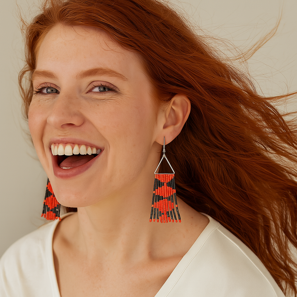 Echo Beaded Fringe Earrings – Red & Black