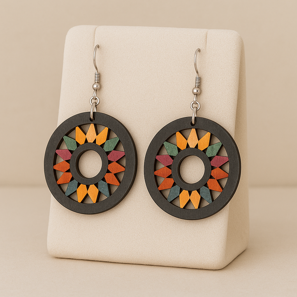 Prism Hand-Painted Wood Dangle Earrings – Black Multi-Color