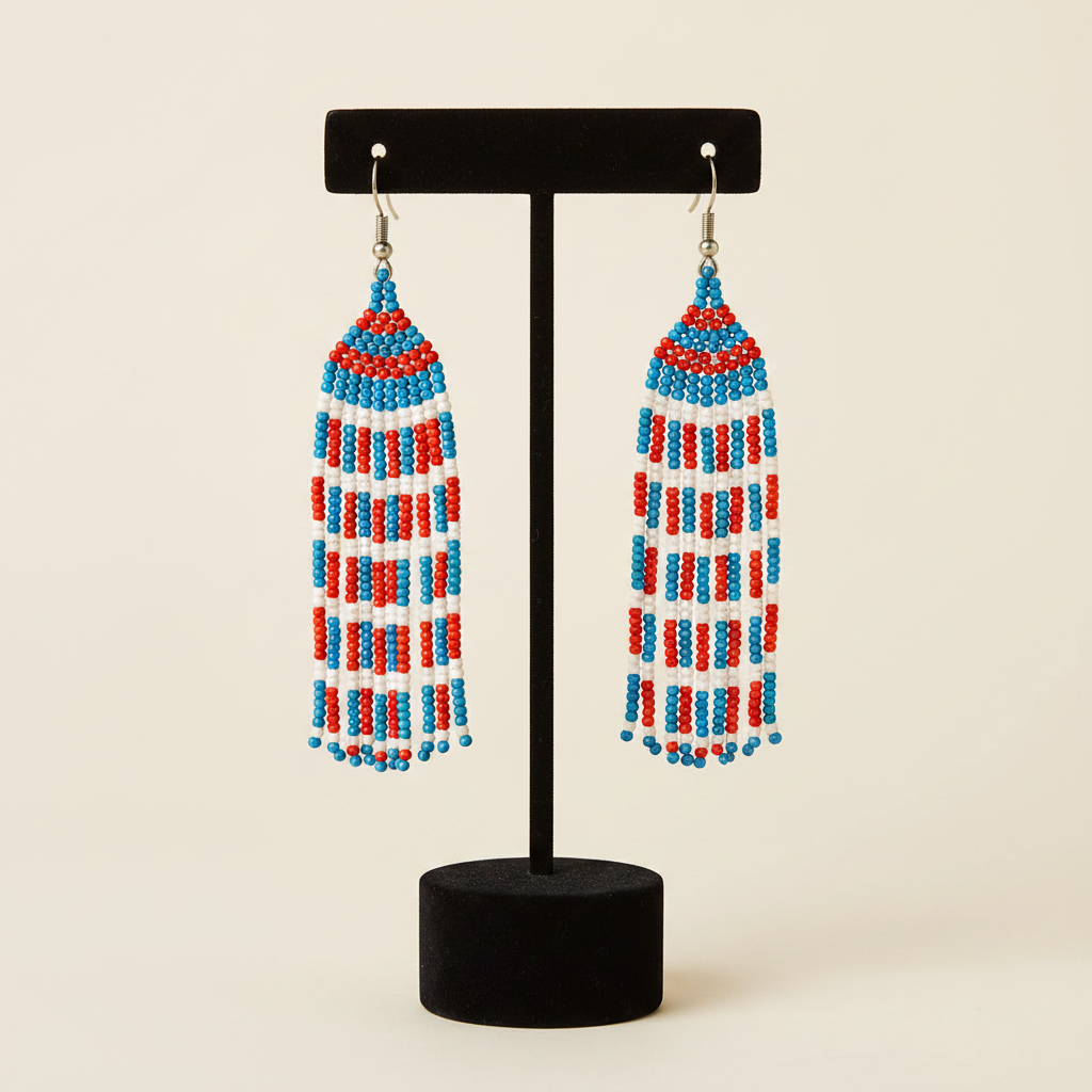 Deborah Beaded Fringe Earrings – Blue, Red & White