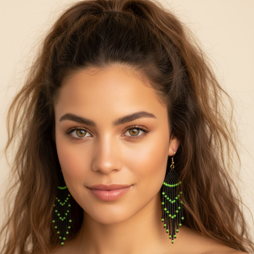 Keen Beaded Fringe Earrings – Black & Green