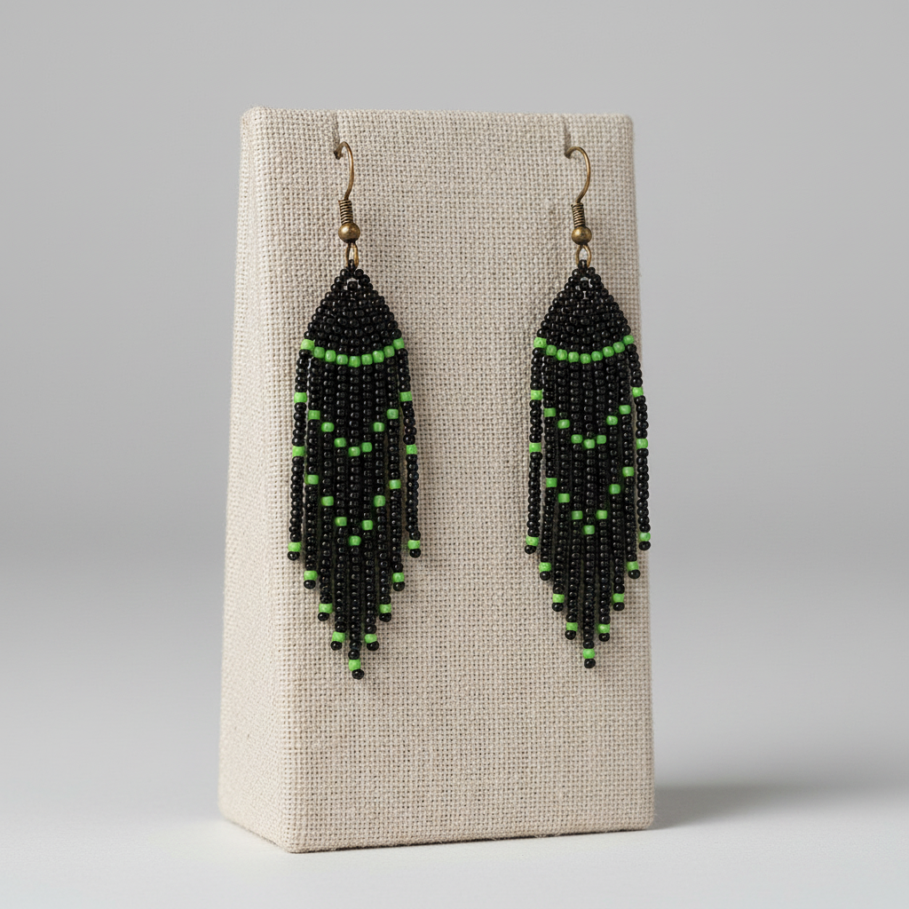 Keen Beaded Fringe Earrings – Black & Green