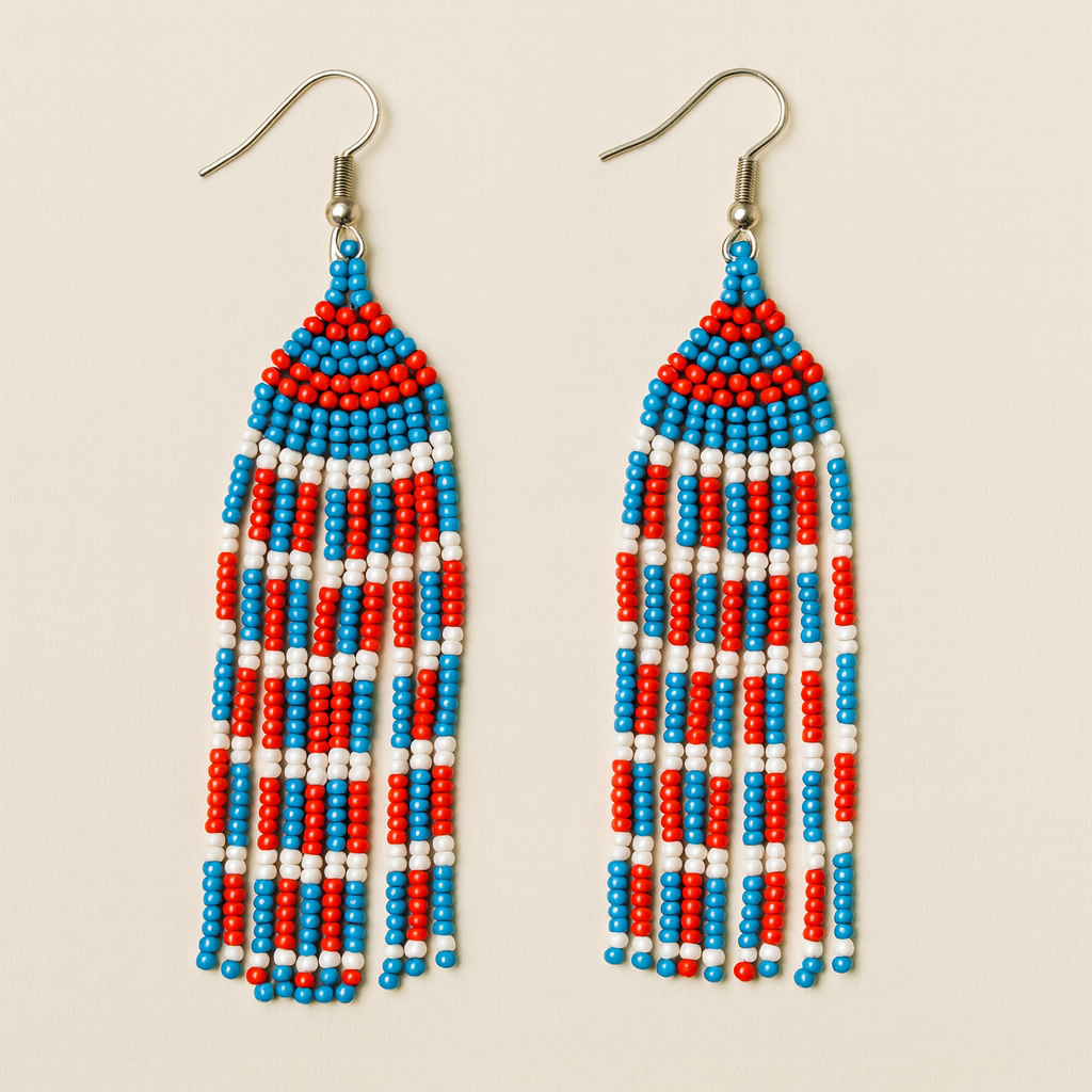 Deborah Beaded Fringe Earrings – Blue, Red & White
