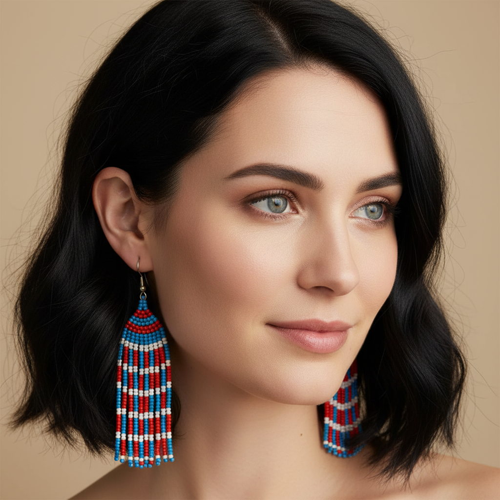 Deborah Beaded Fringe Earrings – Blue, Red & White