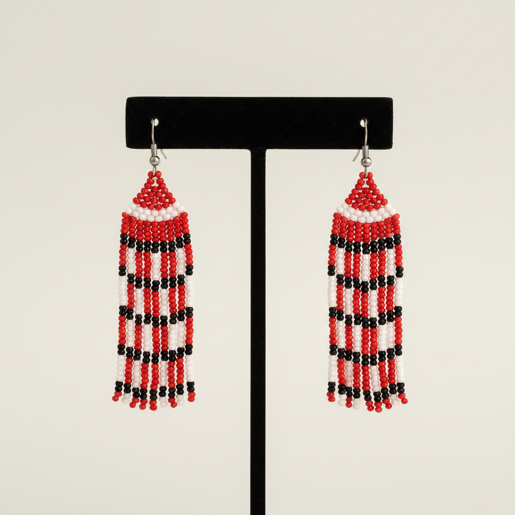 Deborah Beaded Fringe Earrings – Red, White & Black
