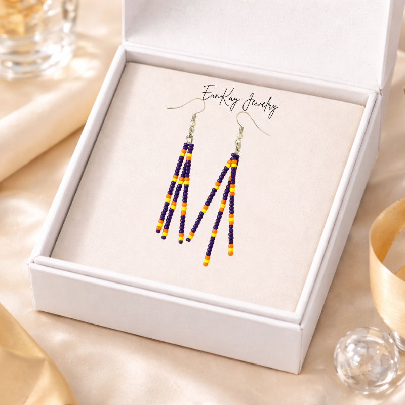 Jael Beaded Pin Earrings – Navy Blue, Yellow & Orange