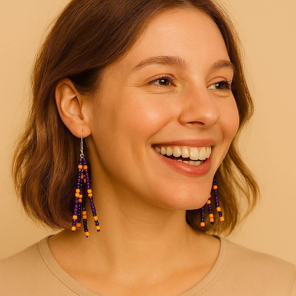 Jael Beaded Pin Earrings – Navy Blue, Yellow & Orange