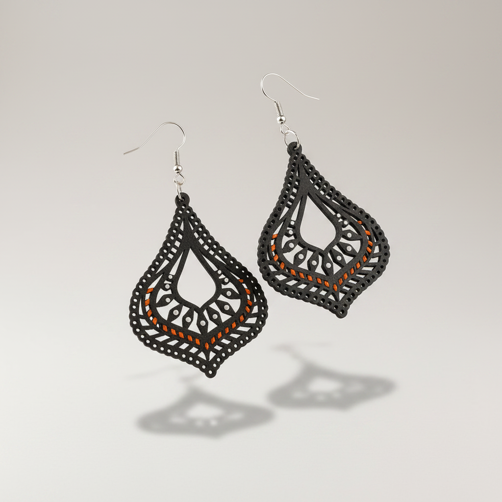 Nida Hand-Painted Wood Dangle Earrings – Black & Orange