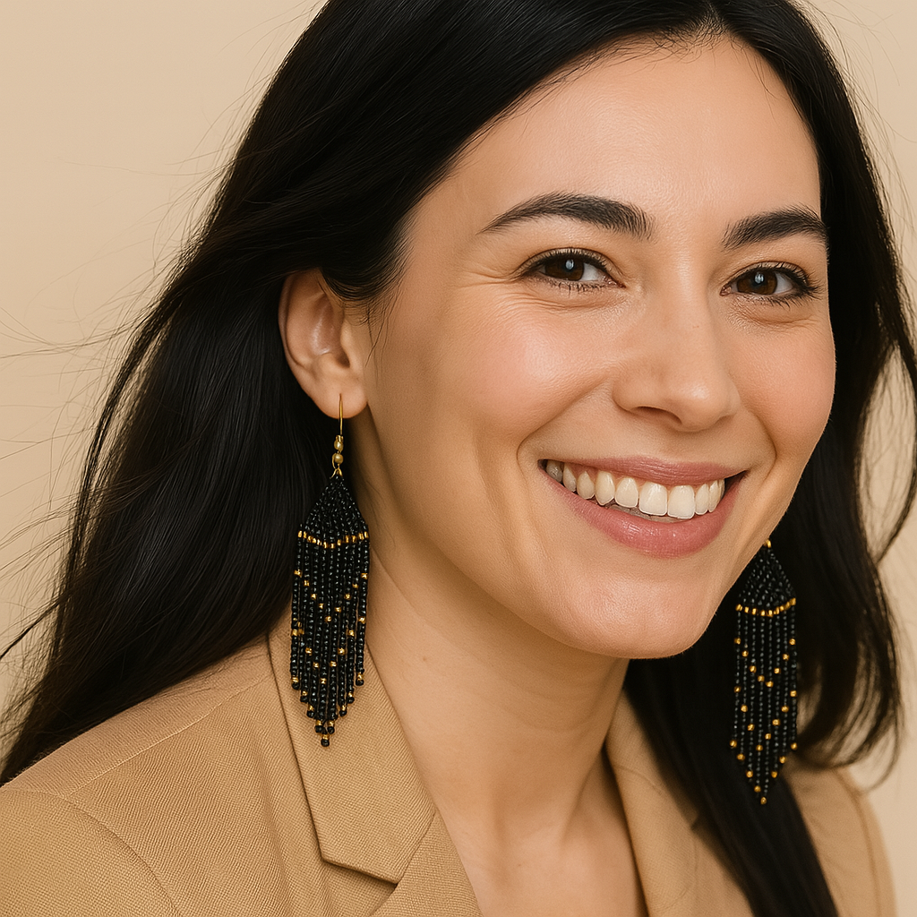 Keen Beaded Fringe Earrings – Black & Gold