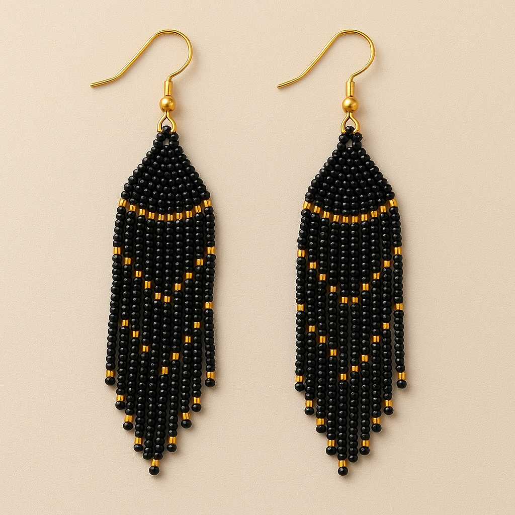 Keen Beaded Fringe Earrings – Black & Gold