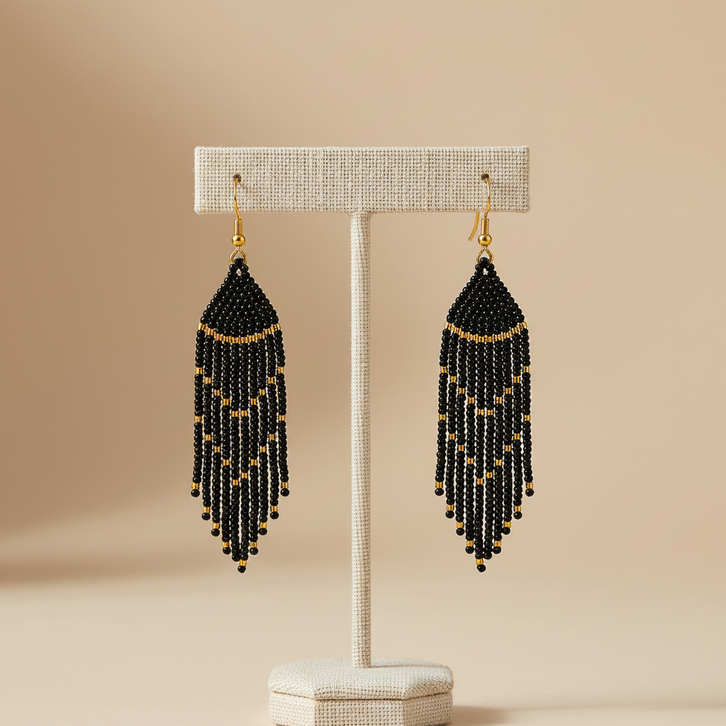 Keen Beaded Fringe Earrings – Black & Gold