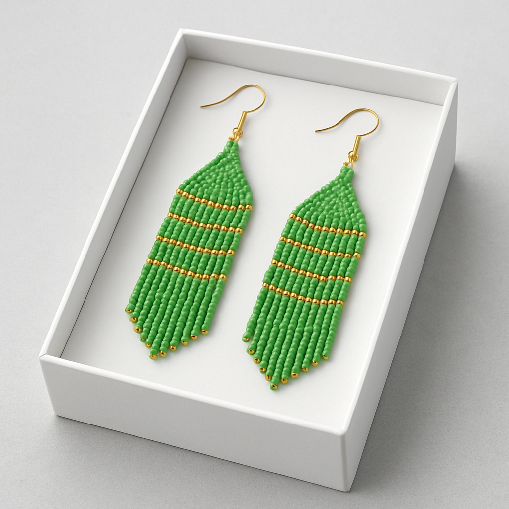 Keen Beaded Fringe Earrings – Green & Gold