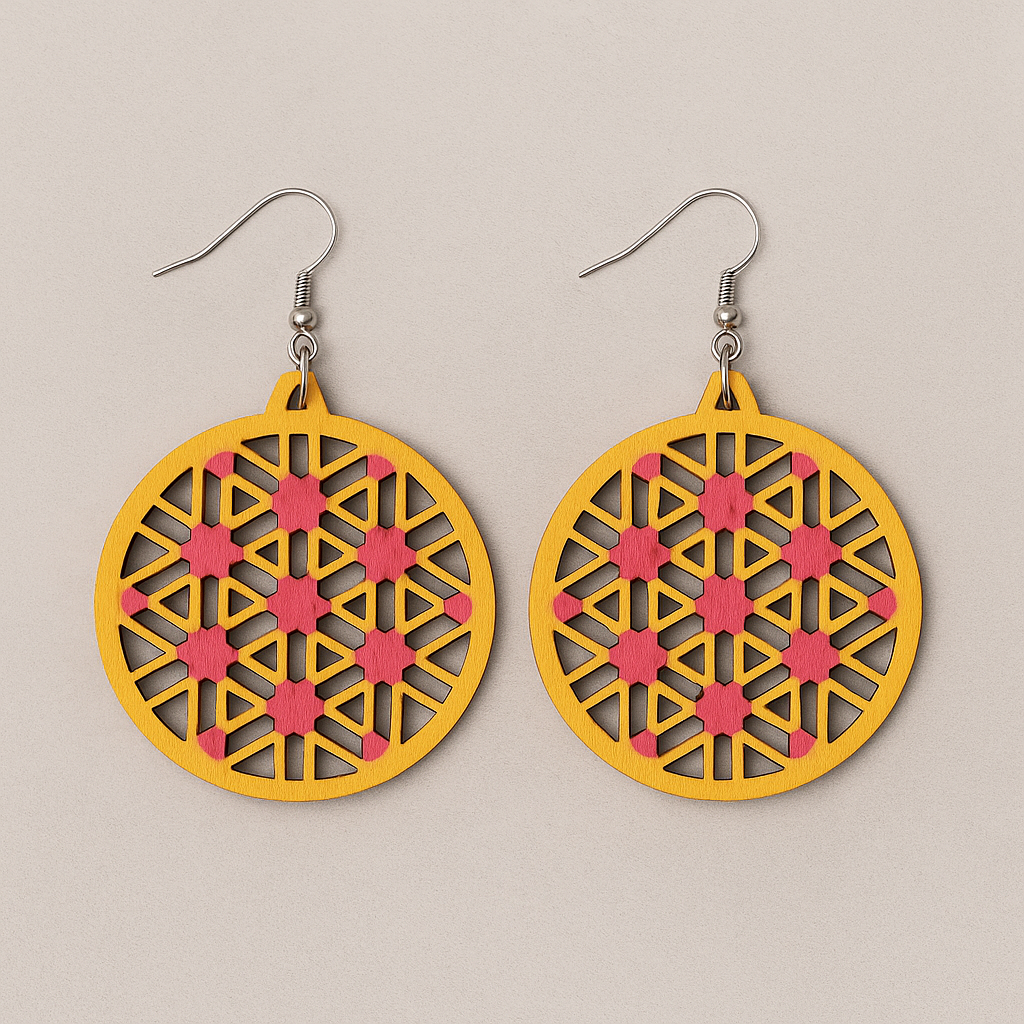 Prism  Hand-Painted Wood Dangle Earrings – Gold & Metallic Pink