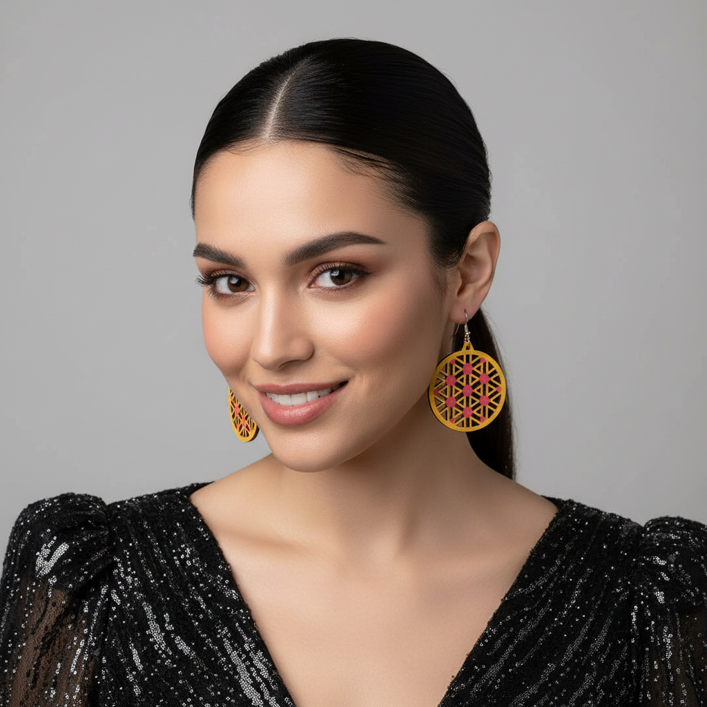 Prism  Hand-Painted Wood Dangle Earrings – Gold & Metallic Pink