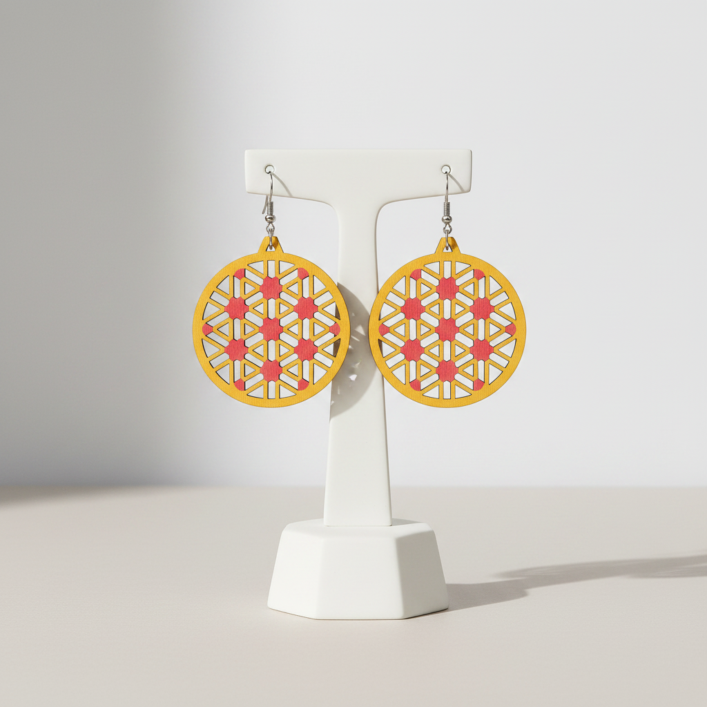 Prism  Hand-Painted Wood Dangle Earrings – Gold & Metallic Pink