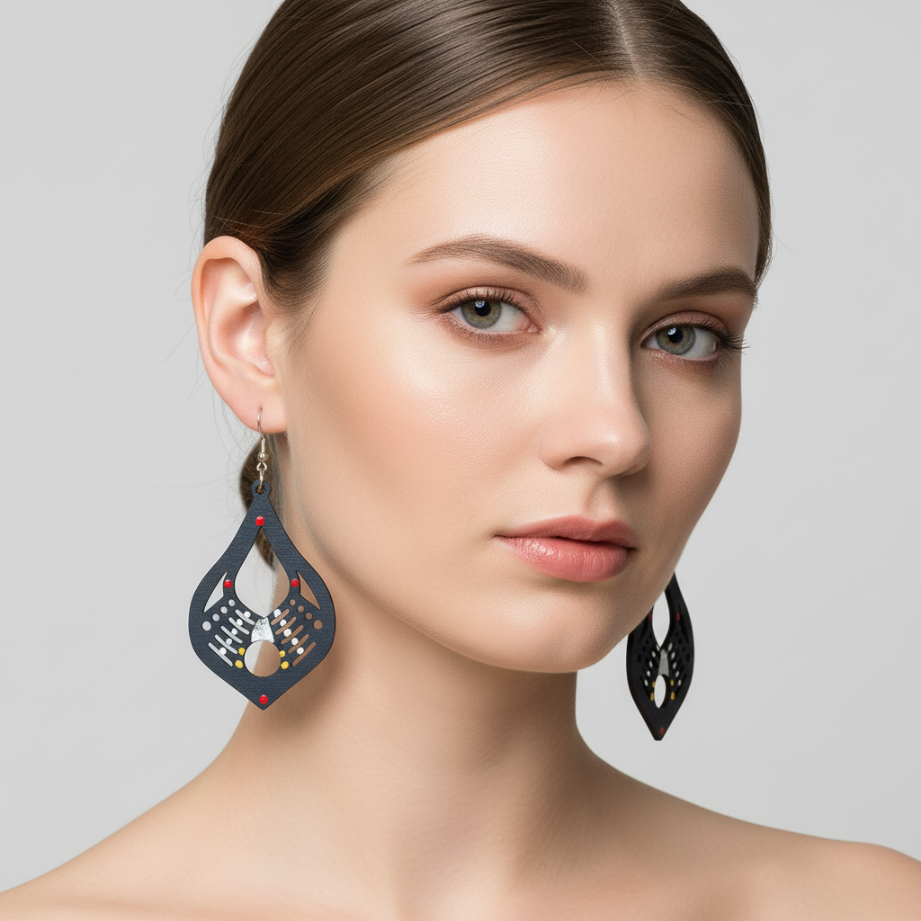 Nida Hand-Painted Wood Dangle Earrings – Navy Blue