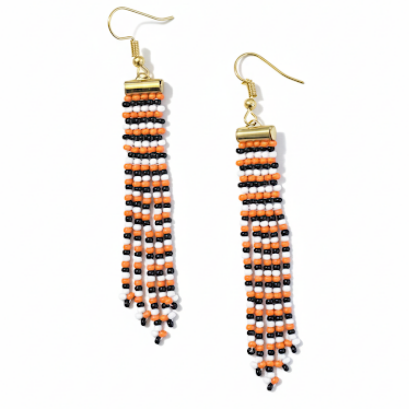 Adorn Linear Fringe Earrings – Orange, Black & White