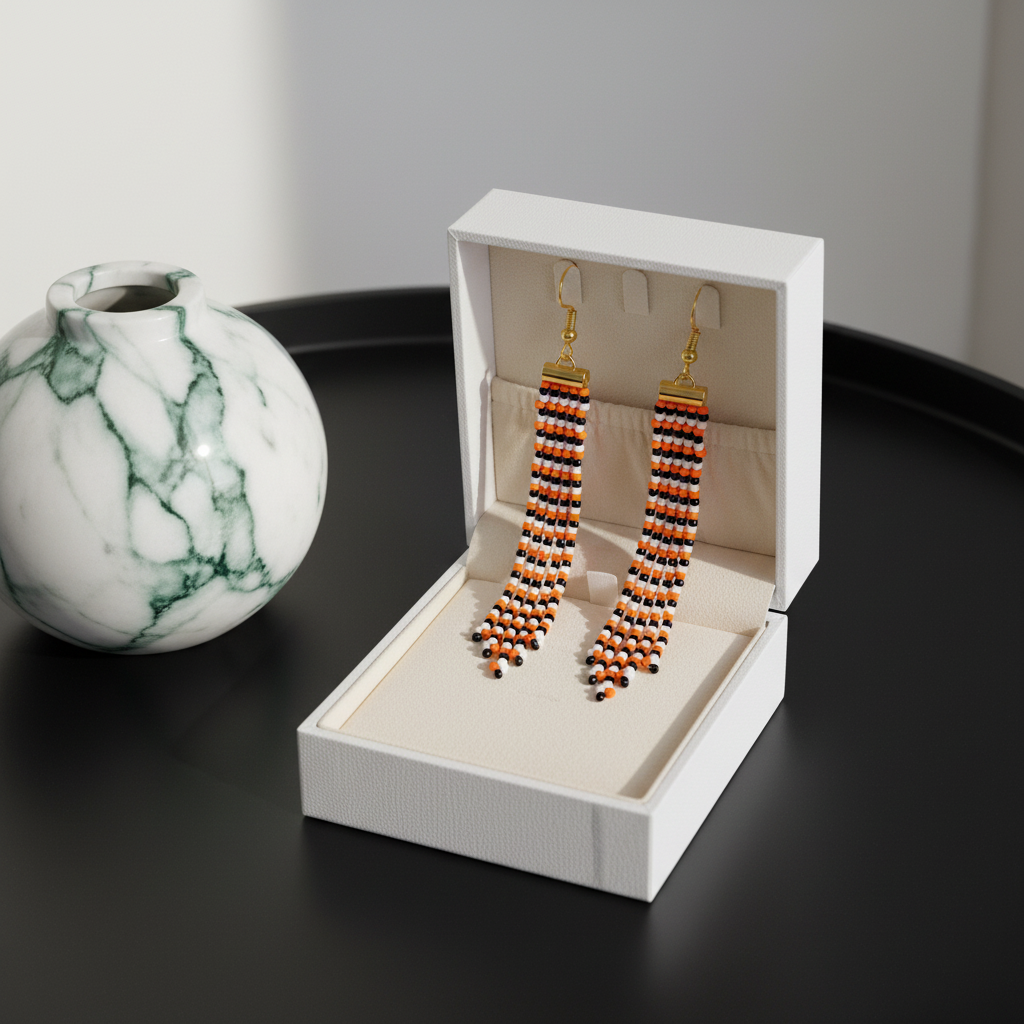 Adorn Linear Fringe Earrings – Orange, Black & White