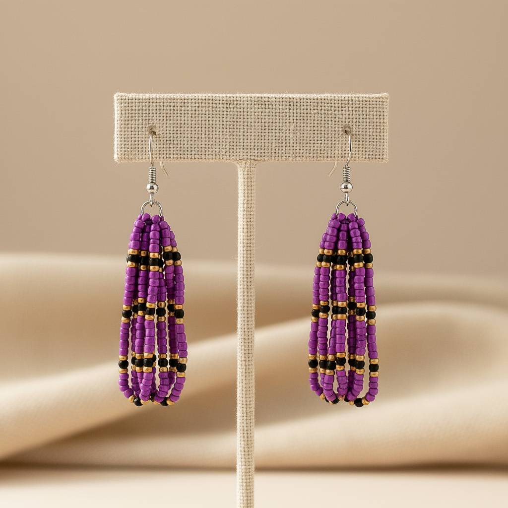 Eti Beaded Dangle Earrings – Purple, Bronze & Black