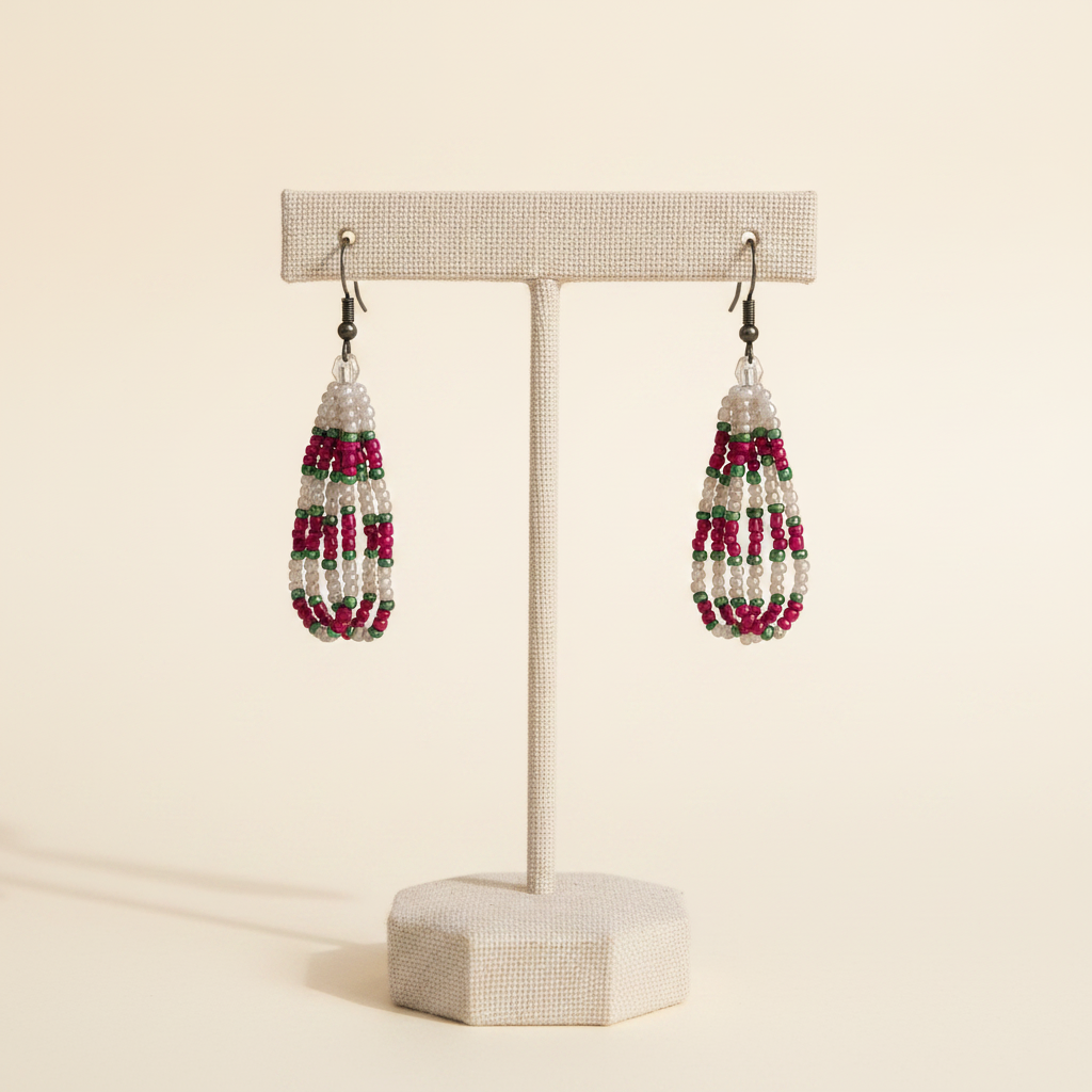 Eti Beaded Dangle Earrings – Pearl White, Fuchsia & Green
