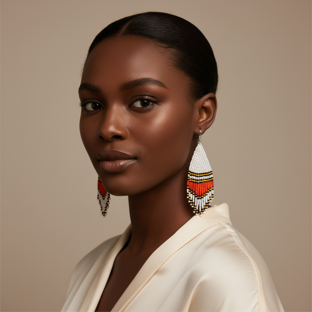 Poise Beaded Earrings – White, Orange, Black & Yellow