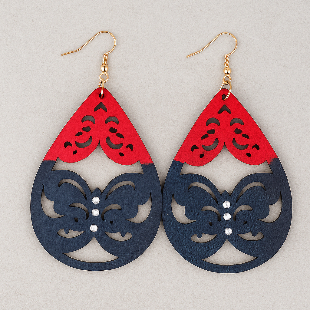 Nida Hand-Painted Wood Dangle Earrings – Red & Navy Blue
