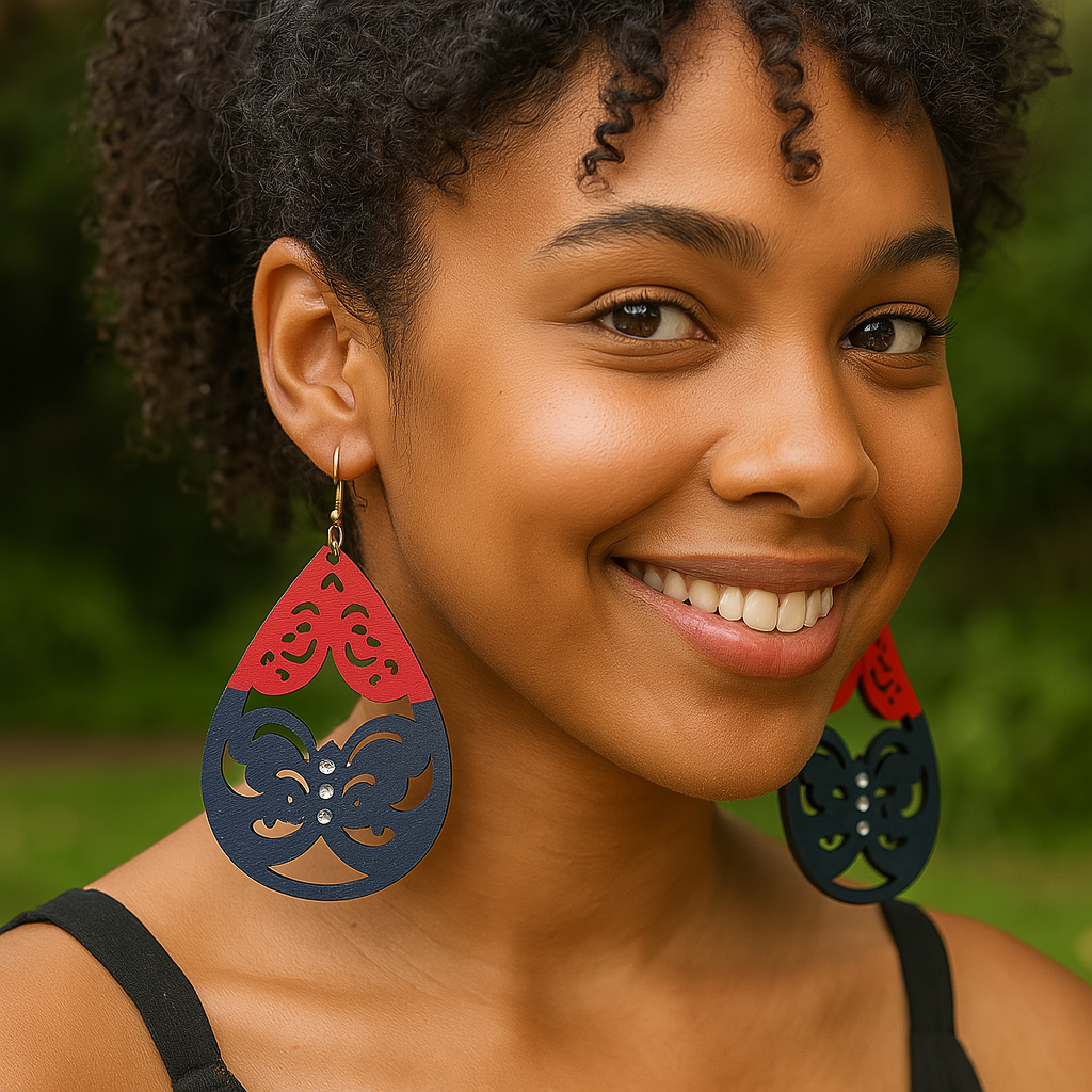 Nida Hand-Painted Wood Dangle Earrings – Red & Navy Blue