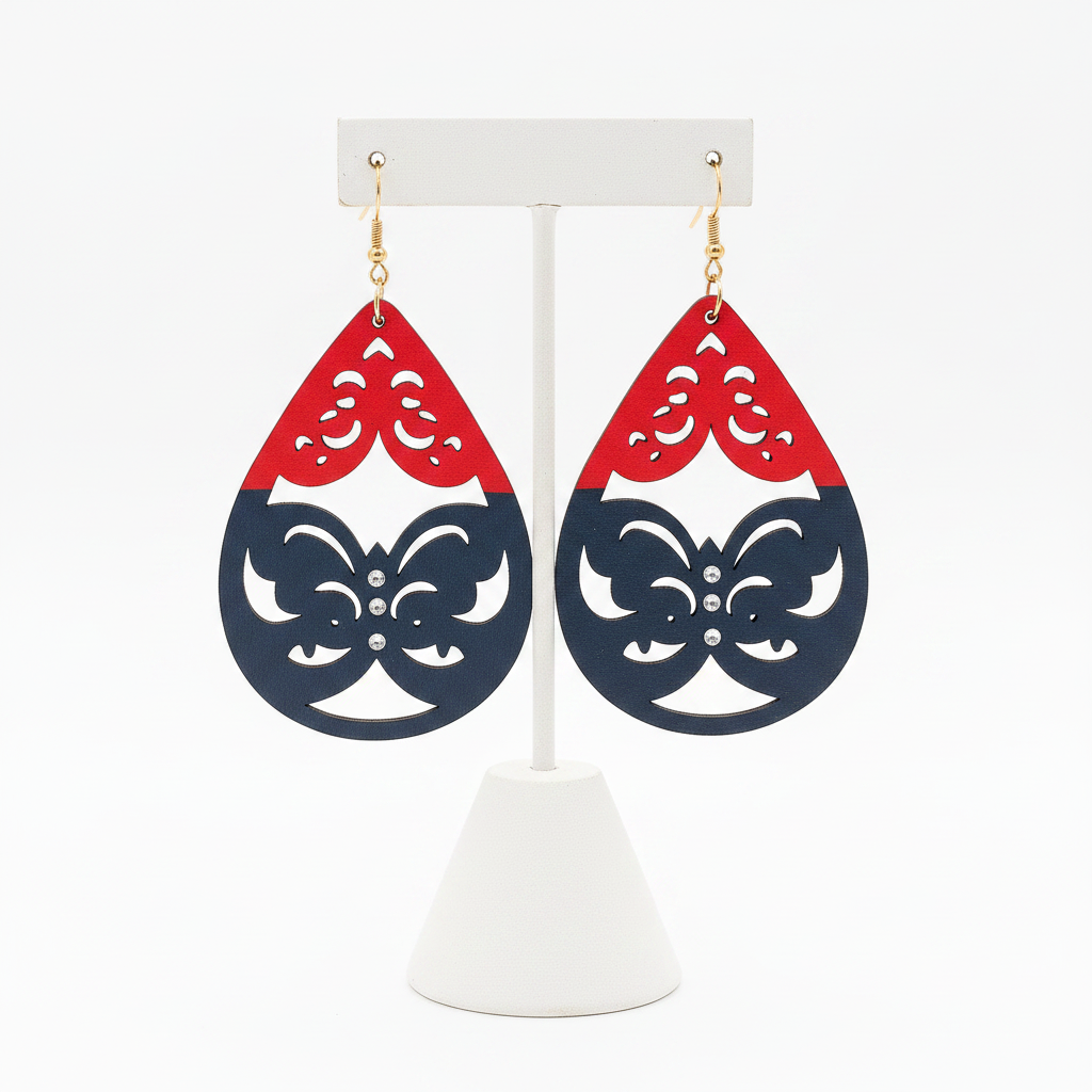 Nida Hand-Painted Wood Dangle Earrings – Red & Navy Blue