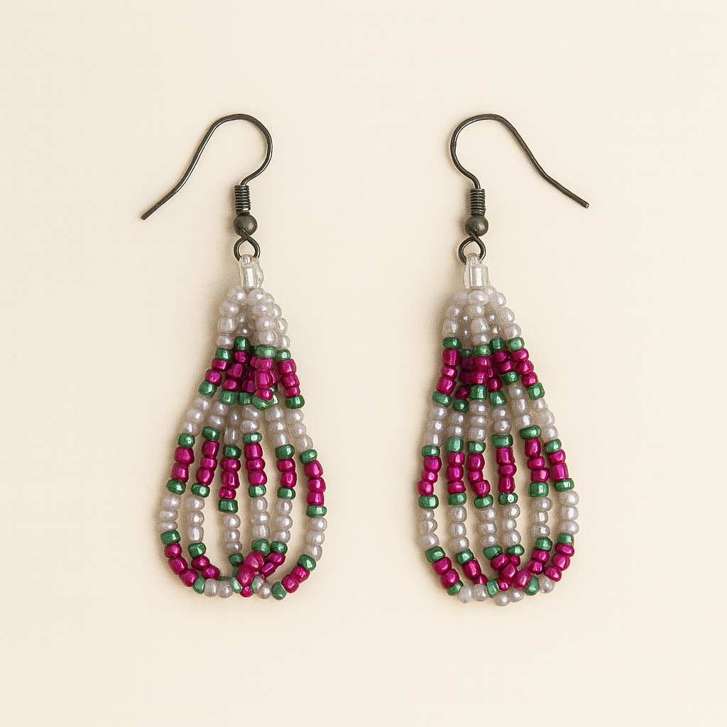 Eti Beaded Dangle Earrings – Pearl White, Fuchsia & Green